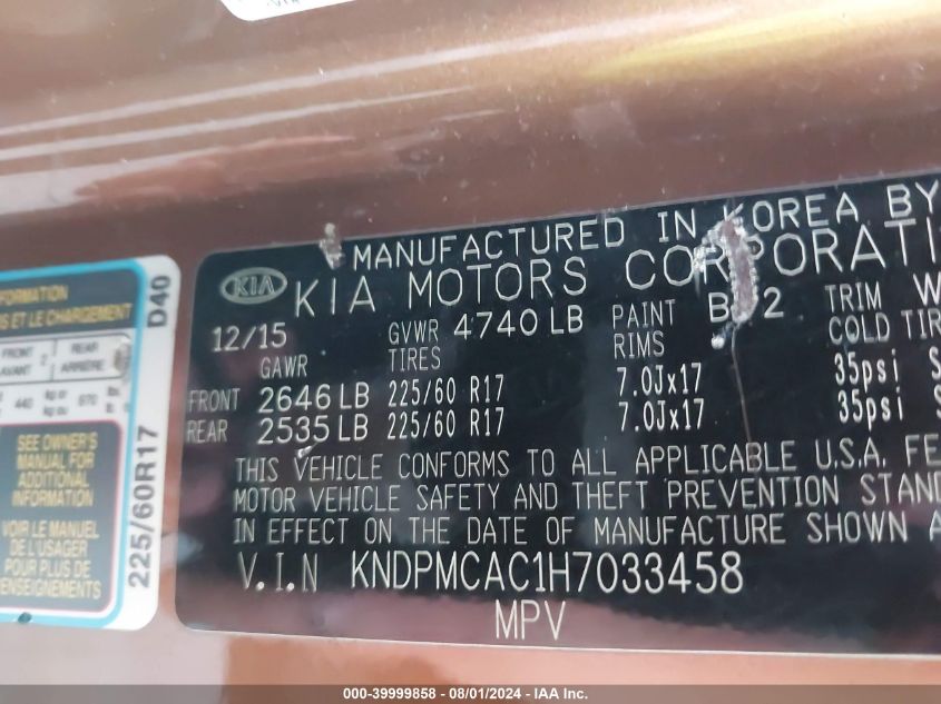 2017 Kia Sportage Lx VIN: KNDPMCAC1H7033458 Lot: 39999858