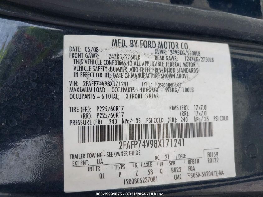 2008 Ford Crown Victoria Lx VIN: 2FAFP74V98X171241 Lot: 39999875