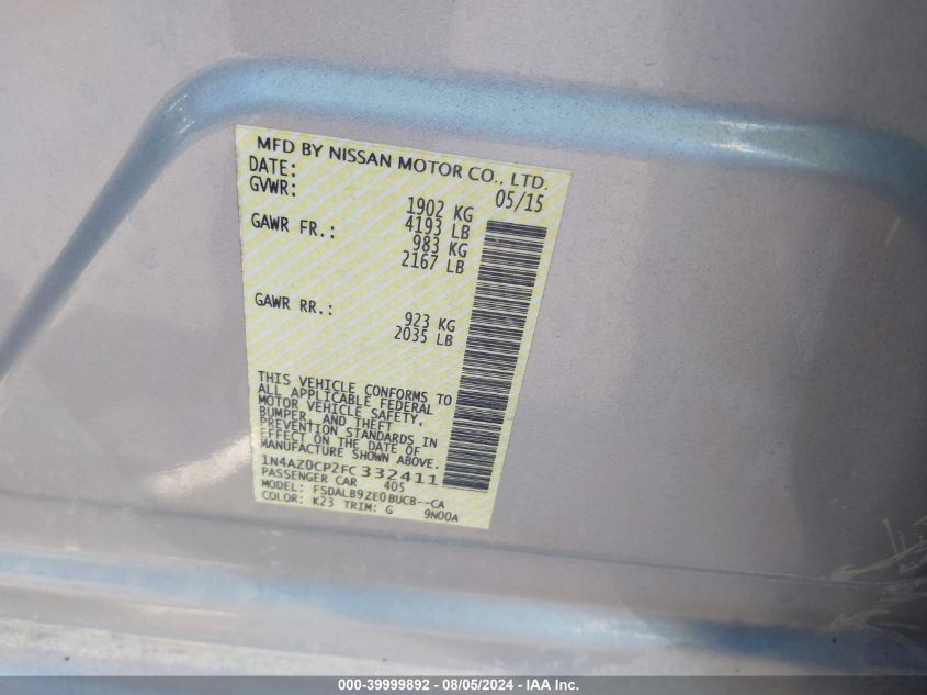 2015 Nissan Leaf S VIN: 1N4AZ0CP2FC332411 Lot: 39999892