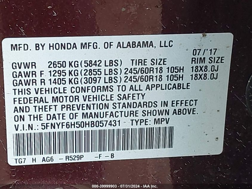 2017 Honda Pilot Ex-L VIN: 5FNYF6H50HB057431 Lot: 39999903