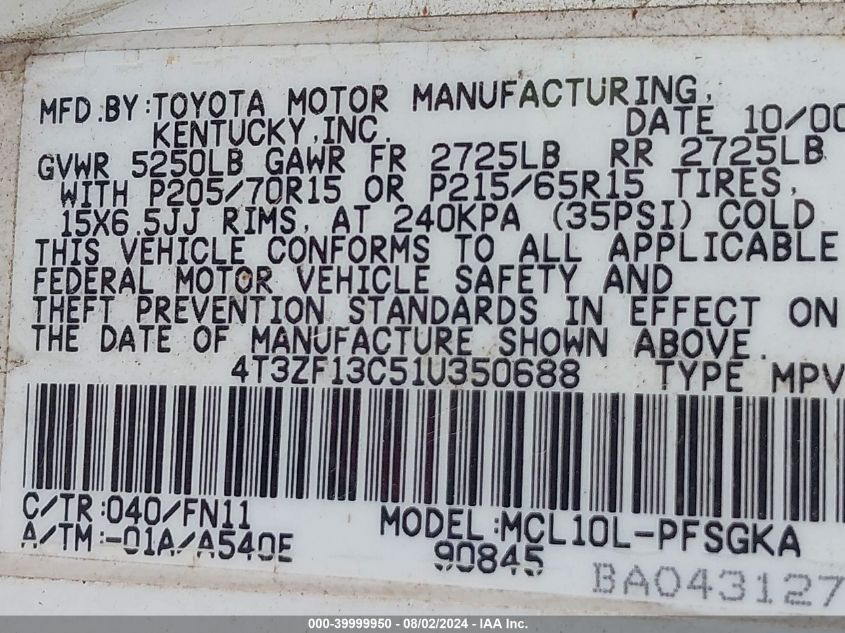 2001 Toyota Sienna Le VIN: 4T3ZF13C51U350688 Lot: 39999950