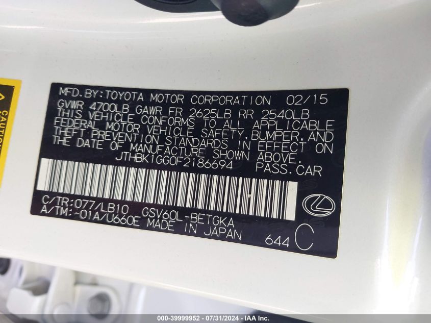 2015 Lexus Es 350 VIN: JTHBK1GG0F2186694 Lot: 39999952