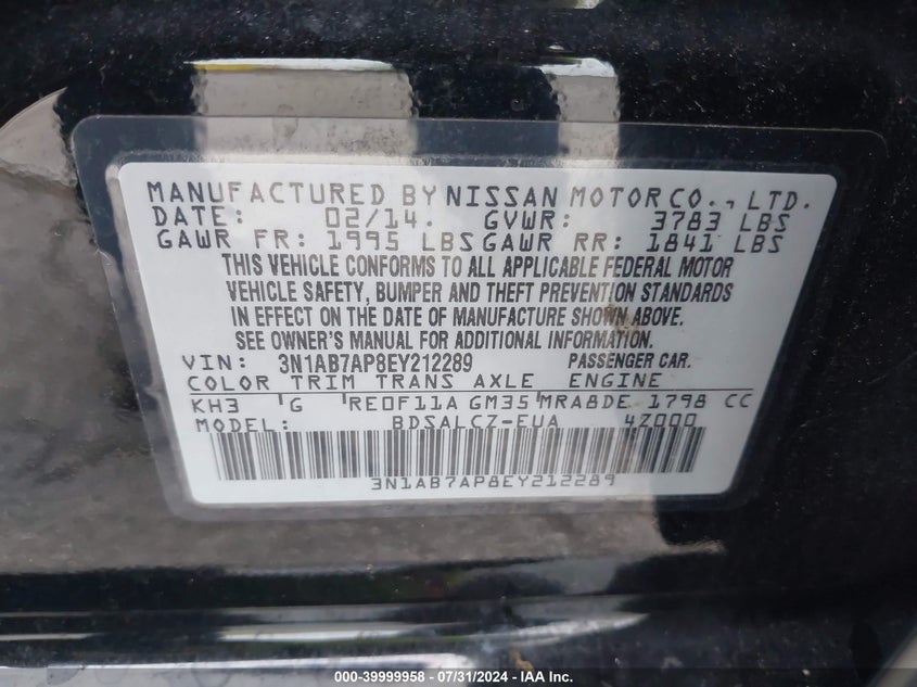 2014 Nissan Sentra S/Sv/Sr/Sl VIN: 3N1AB7AP8EY212289 Lot: 39999958