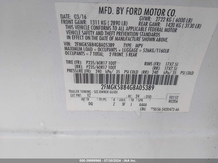 2016 Ford Flex Se VIN: 2FMGK5B84GBA05389 Lot: 39999968