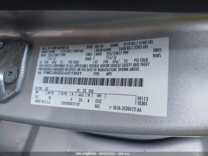 VIN 1FMCU9GD2JUC13021 2018 FORD ESCAPE SE