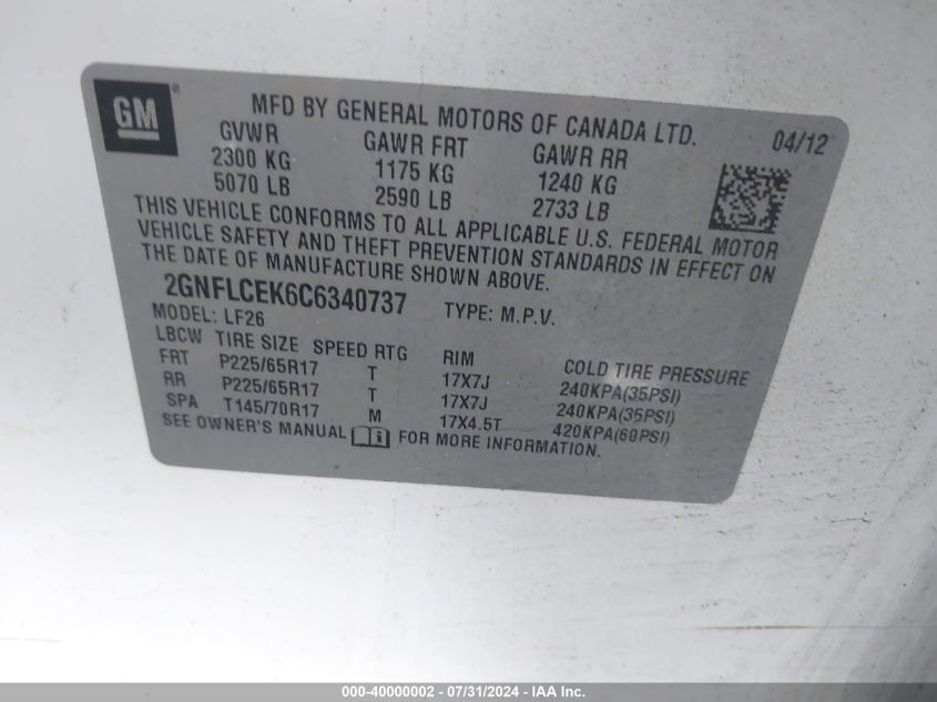 2012 Chevrolet Equinox Ls VIN: 2GNFLCEK6C6340737 Lot: 40000002