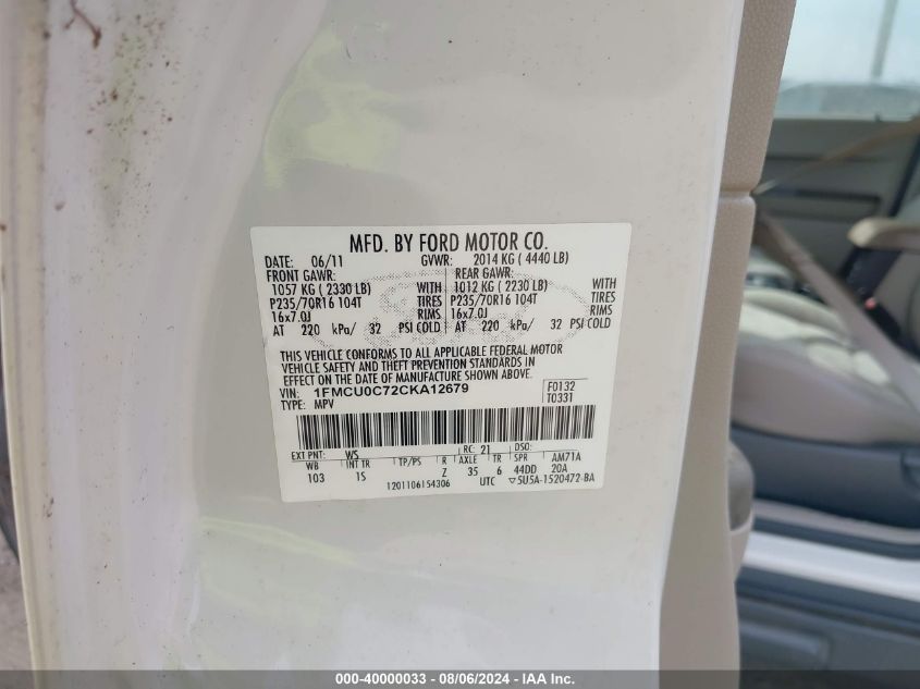 2012 Ford Escape Xls VIN: 1FMCU0C72CKA12679 Lot: 40000033