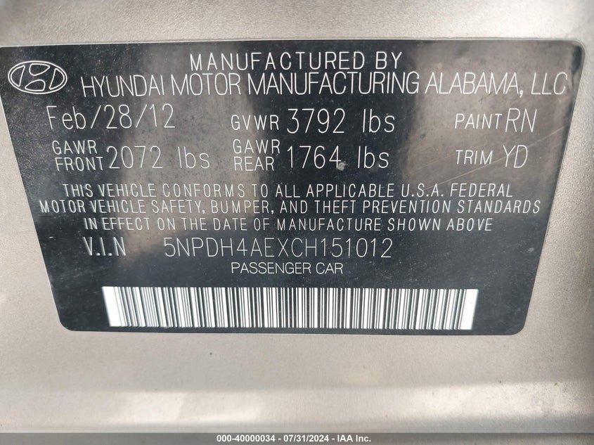 2012 Hyundai Elantra Gls VIN: 5NPDH4AEXCH151012 Lot: 40000034