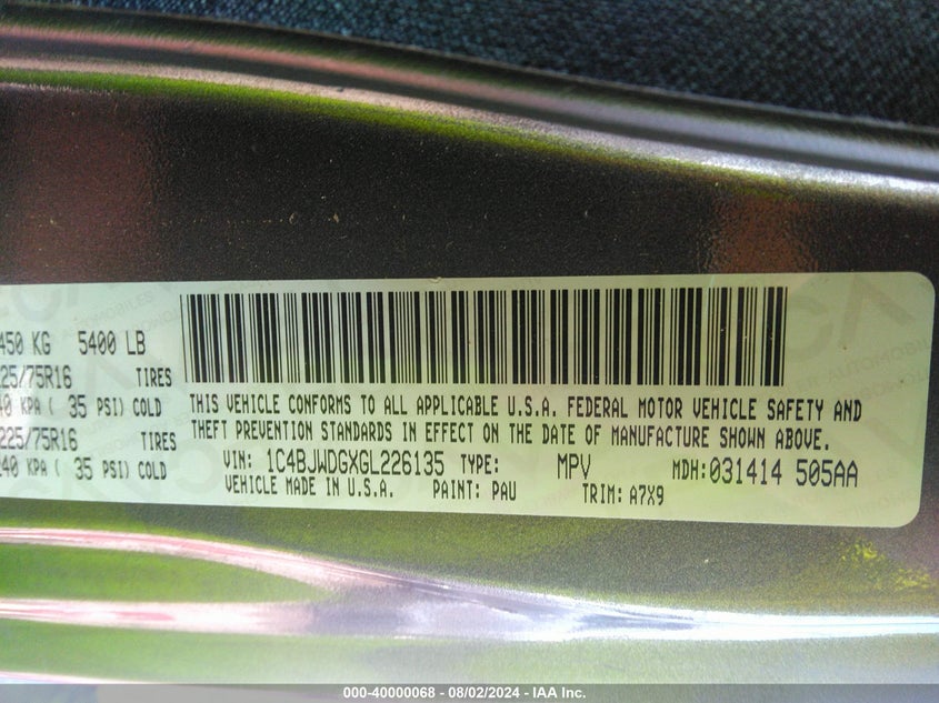 2016 Jeep Wrangler Unlimited Sport VIN: 1C4BJWDGXGL226135 Lot: 40000068