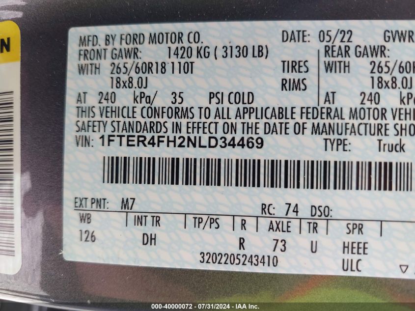 2022 Ford Ranger Xl/Xlt/Lariat VIN: 1FTER4FH2NLD34469 Lot: 40000072