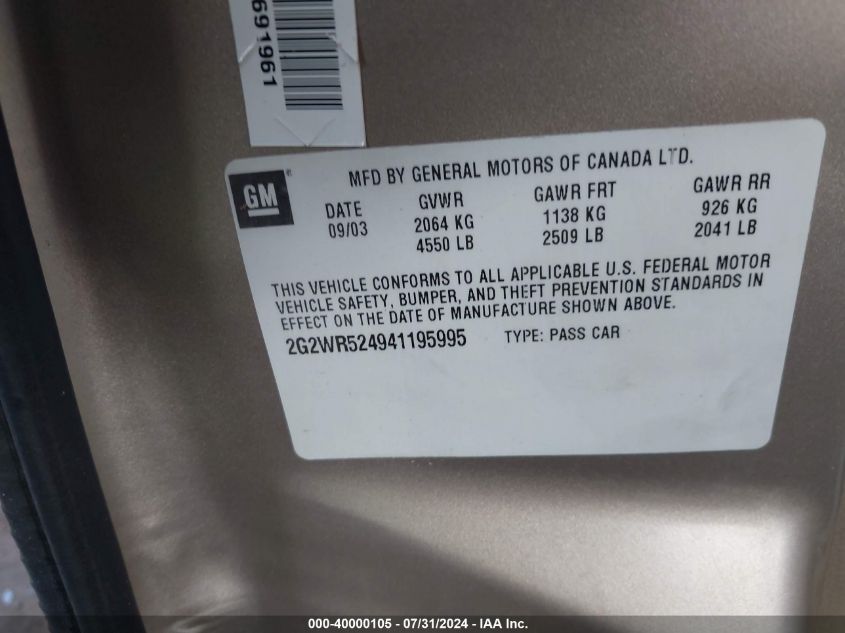 2004 Pontiac Grand Prix Gtp VIN: 2G2WR524941195995 Lot: 40000105