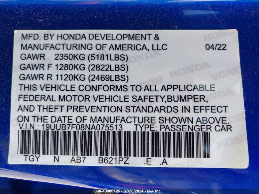 2022 Acura Tlx Type S VIN: 19UUB7F08NA075513 Lot: 40000125