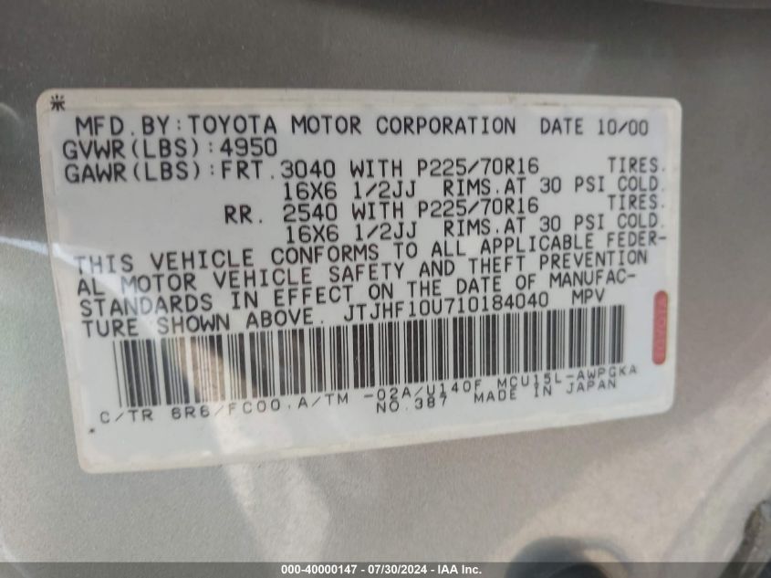 2001 Lexus Rx 300 VIN: JTJHF10U710184040 Lot: 40000147