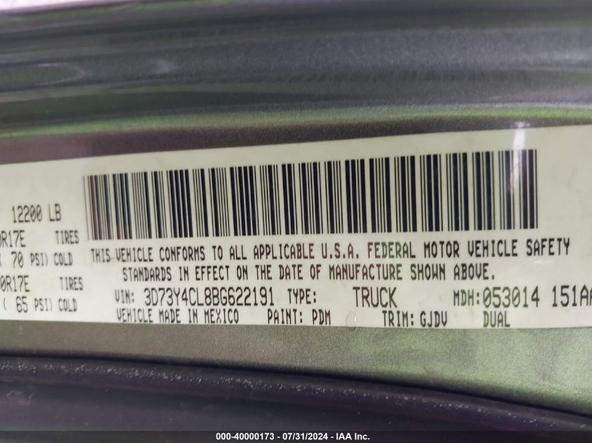 2011 Ram Ram 3500 Laramie VIN: 3D73Y4CL8BG622191 Lot: 40000173