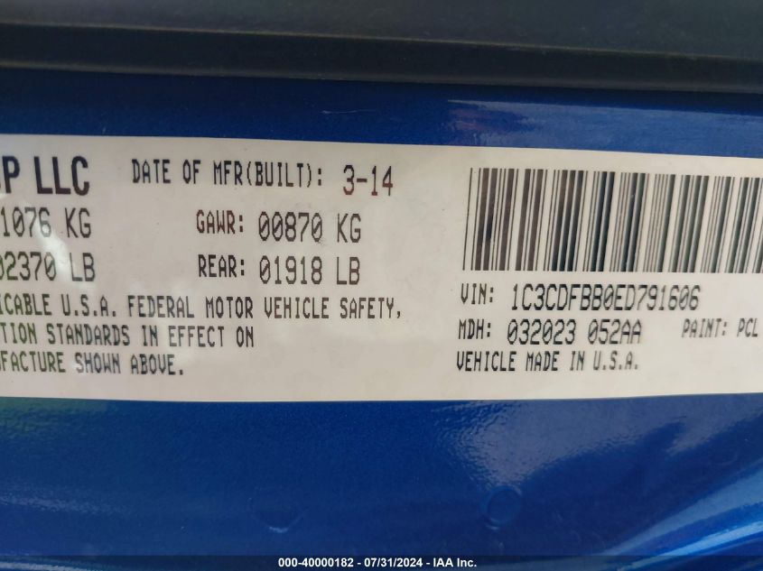 2014 Dodge Dart Sxt VIN: 1C3CDFBB0ED791606 Lot: 40000182