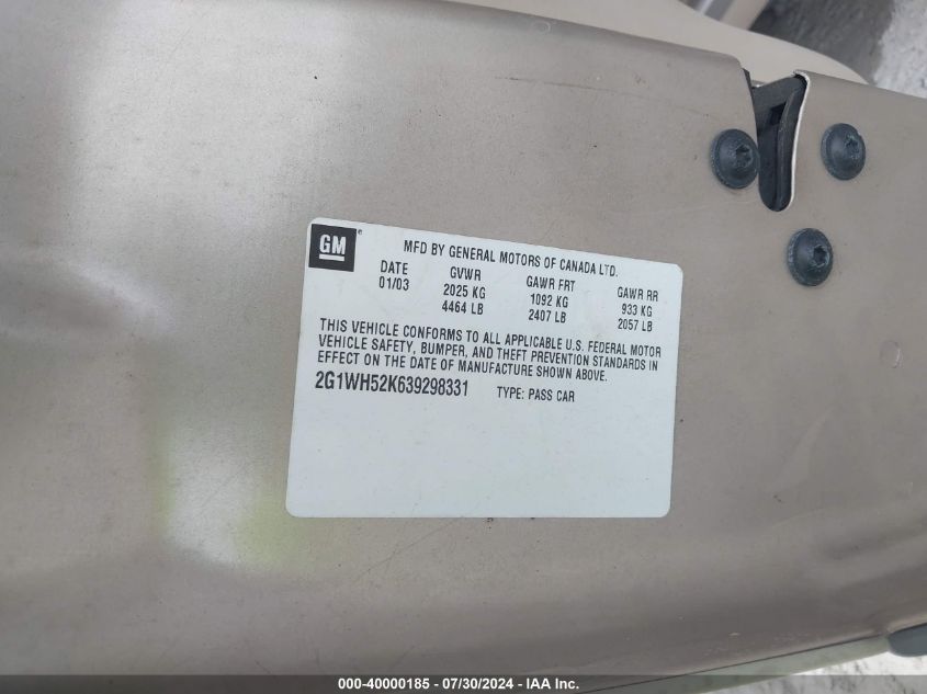 2003 Chevrolet Impala Ls VIN: 2G1WH52K639298331 Lot: 40000185