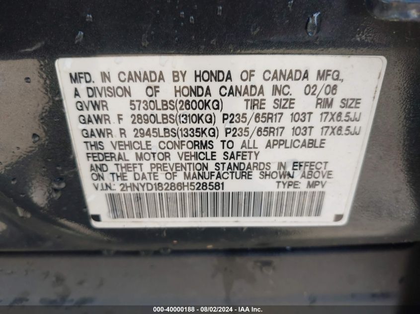 2006 Acura Mdx VIN: 2HNYD18286H528581 Lot: 40000188
