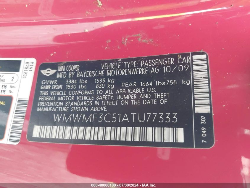 2010 Mini Cooper VIN: WMWMF3C51ATU77333 Lot: 40000189