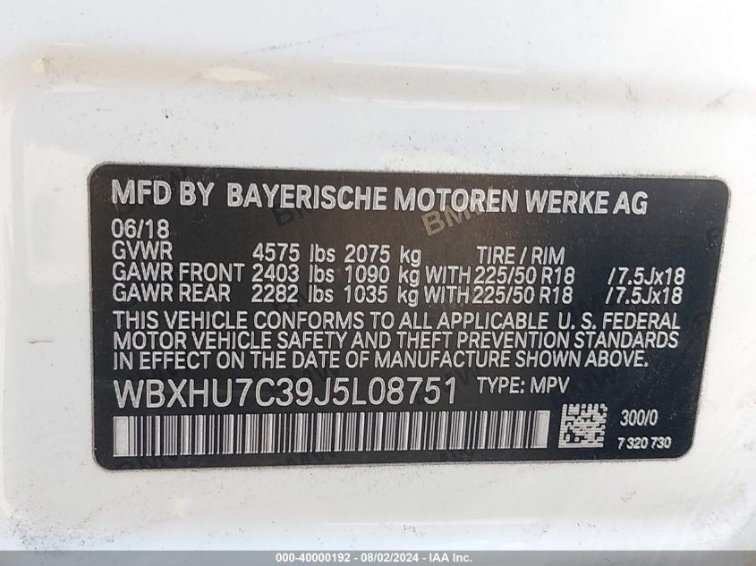 2018 BMW X1 Sdrive28I VIN: WBXHU7C39J5L08751 Lot: 40000192