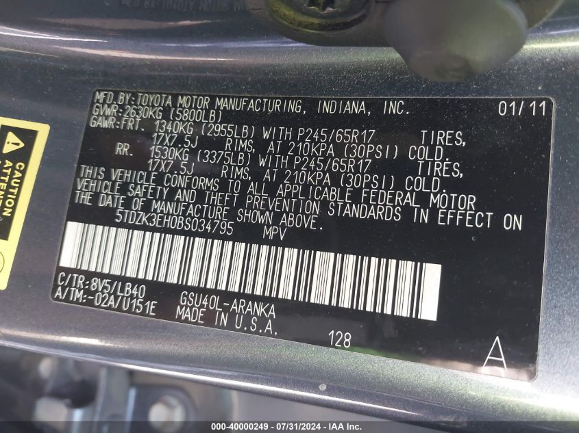 2011 Toyota Highlander Se V6 VIN: 5TDZK3EH0BS034795 Lot: 40000249