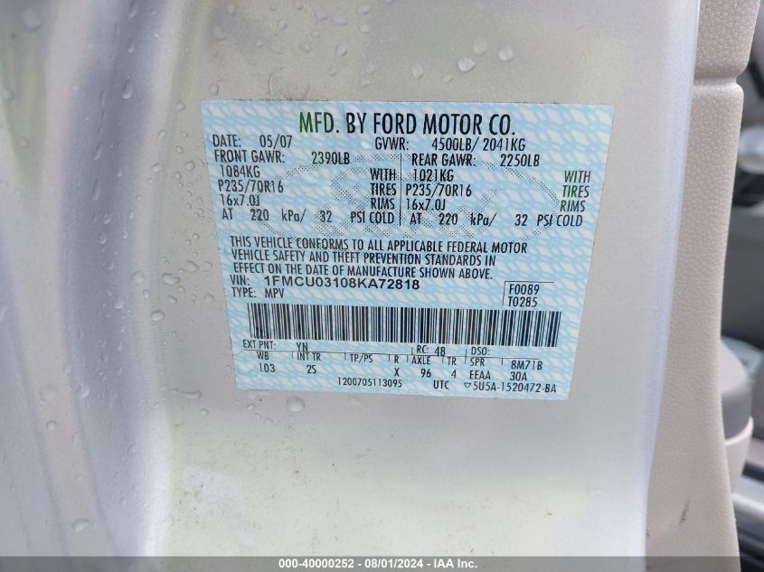 2008 Ford Escape Xlt VIN: 1FMCU03108KA72818 Lot: 40000252