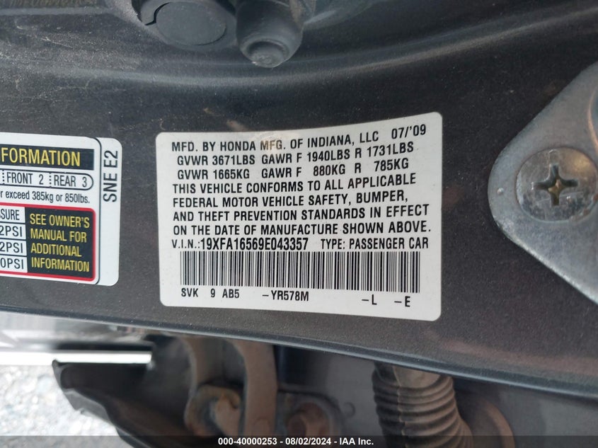 2009 Honda Civic Lx VIN: 19XFA16569E043357 Lot: 40000253