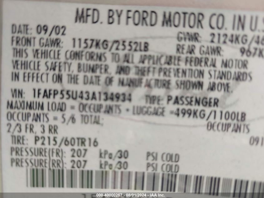 1FAFP55U43A134934 2003 Ford Taurus Ses