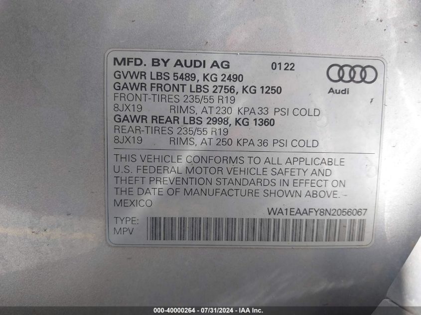 2022 Audi Q5 Premium Plus 45 Tfsi S Line Quattro S Tronic VIN: WA1EAAFY8N2056067 Lot: 40000264