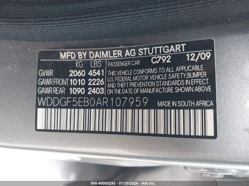 2010 Mercedes-Benz C 300 Luxury/Sport VIN: WDDGF5EB0AR107959 Lot: 40000293