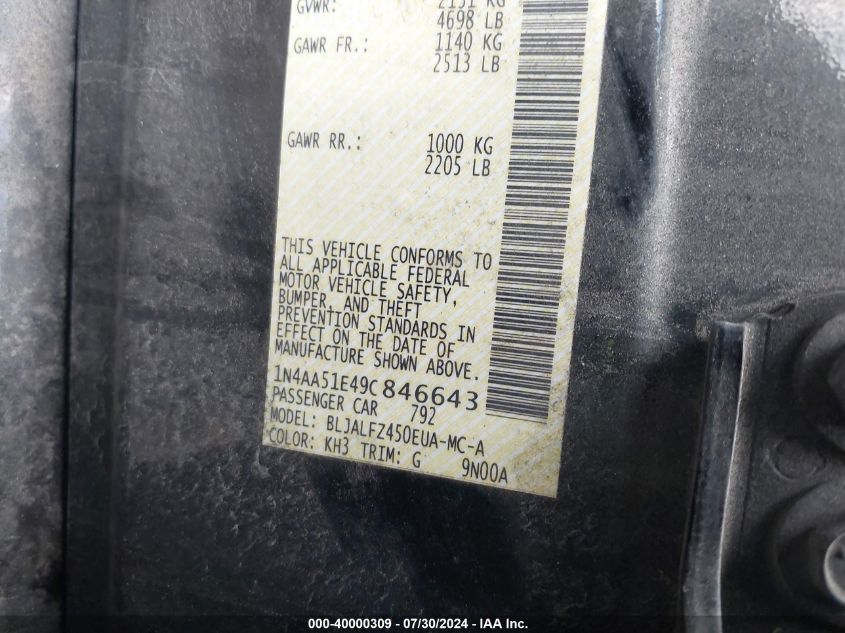 2009 Nissan Maxima 3.5 Sv VIN: 1N4AA51E49C846643 Lot: 40000309