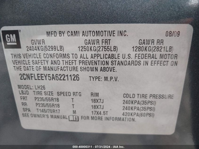 2CNFLEEY5A6221126 2010 Chevrolet Equinox Lt