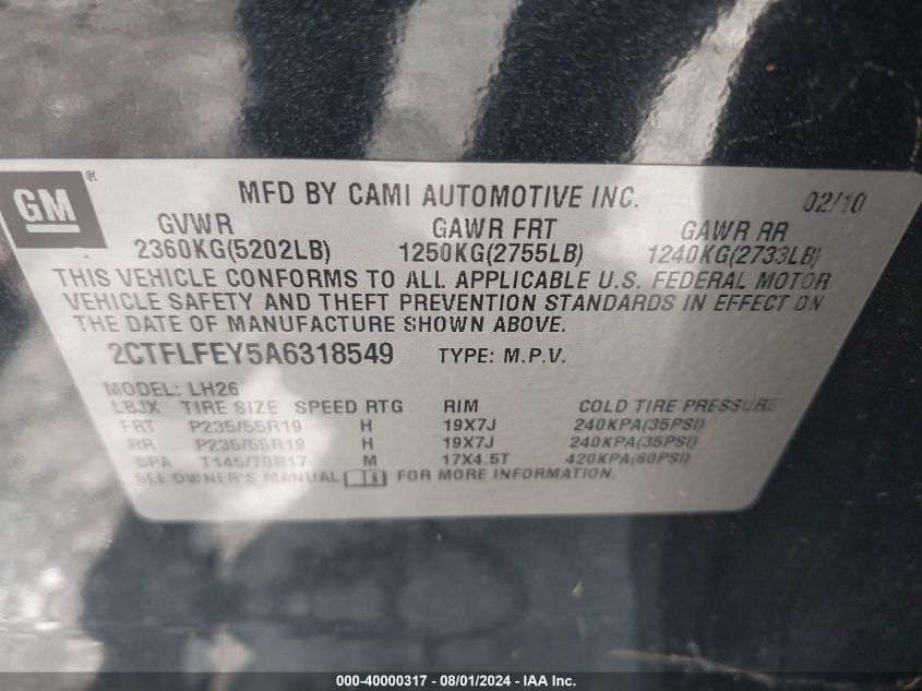 2010 GMC Terrain Slt VIN: 2CTFLFEY5A6318549 Lot: 40000317