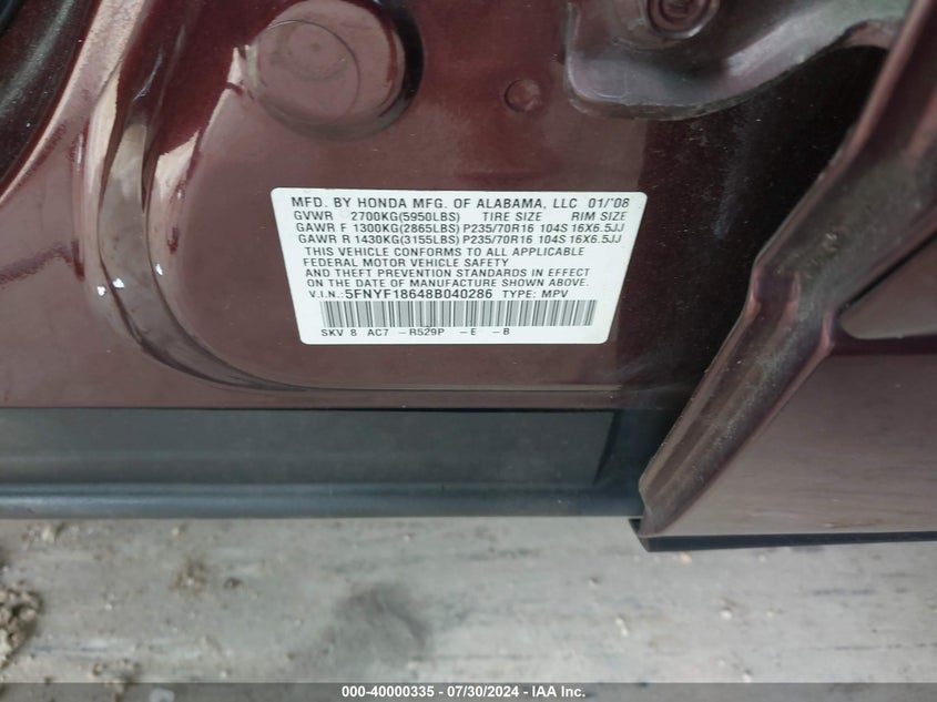 2008 Honda Pilot Ex-L VIN: 5FNYF18648B040286 Lot: 40000335