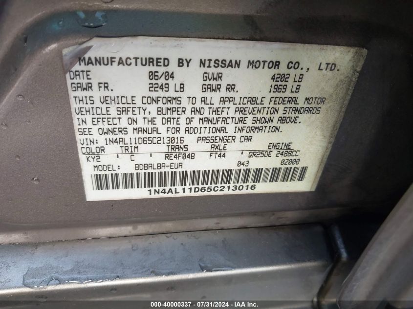 2005 Nissan Altima S/Sl VIN: 1N4AL11D65C213016 Lot: 40000337