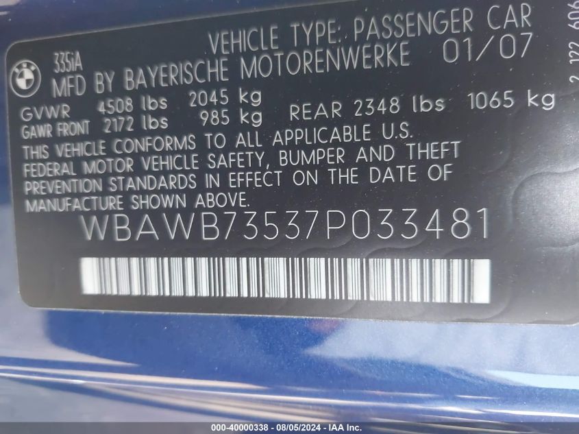2007 BMW 335I VIN: WBAWB73537P033481 Lot: 40000338