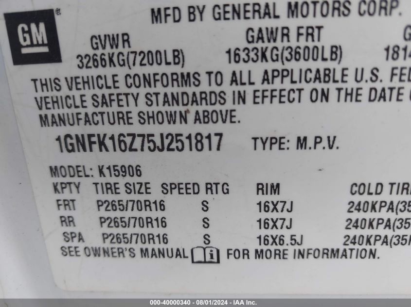 2005 Chevrolet Suburban K1500 VIN: 1GNFK16Z75J251817 Lot: 40000340