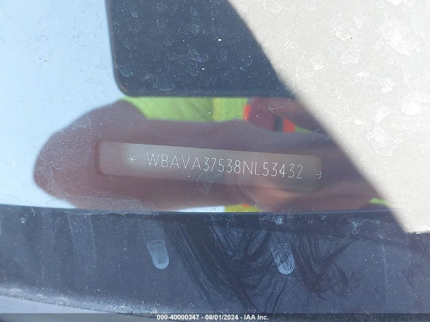 2008 BMW 328I VIN: WBAVA37538NL53432 Lot: 40000347