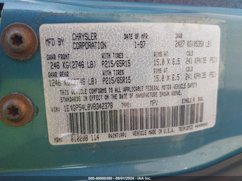 1997 Dodge Grand Caravan Es/Le VIN: 1B4GP54L8VB342378 Lot: 40000350