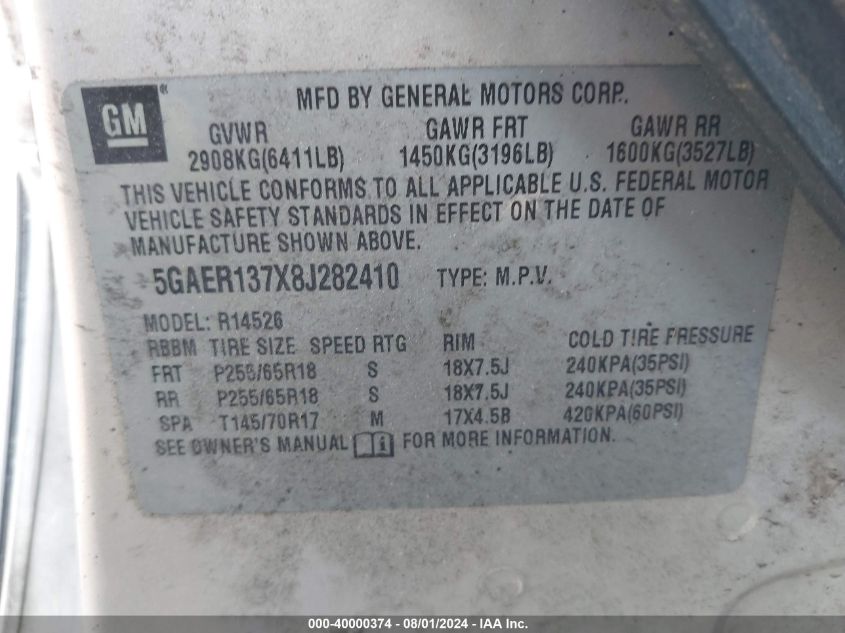 2008 Buick Enclave Cx VIN: 5GAER137X8J282410 Lot: 40000374