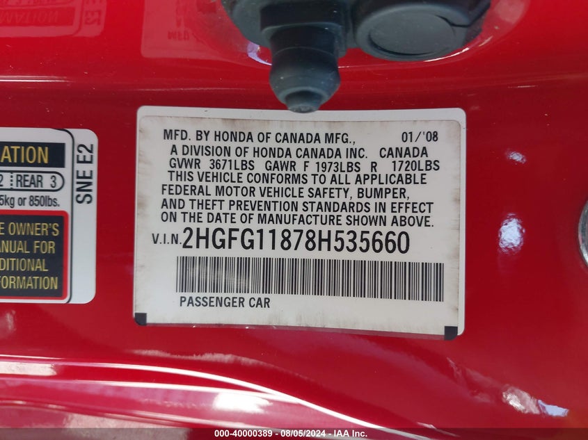 2008 Honda Civic Ex VIN: 2HGFG11878H535660 Lot: 40000389