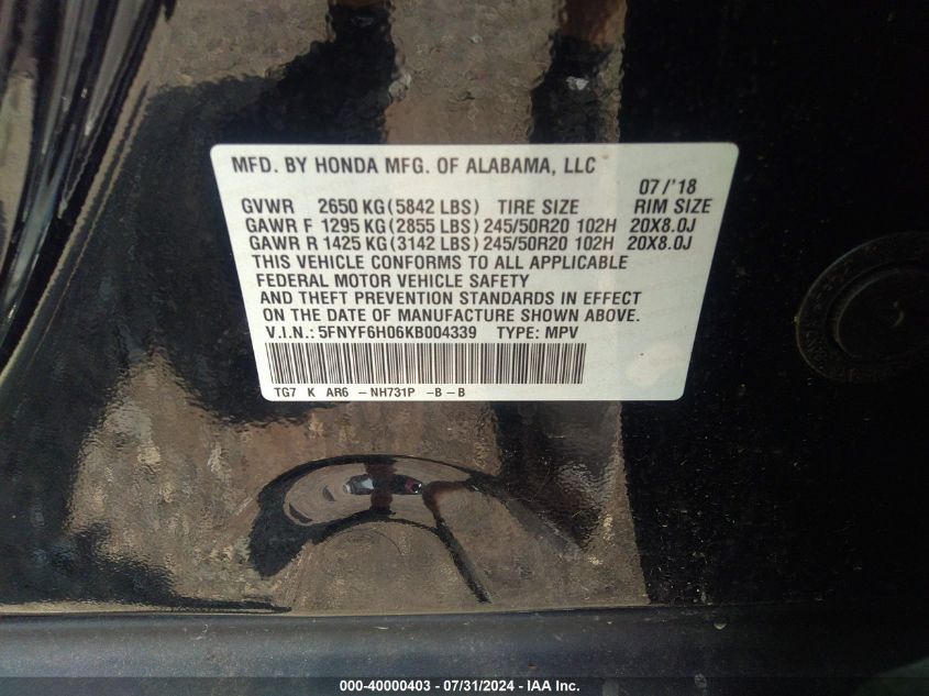 2019 Honda Pilot Elite VIN: 5FNYF6H06KB004339 Lot: 40000403