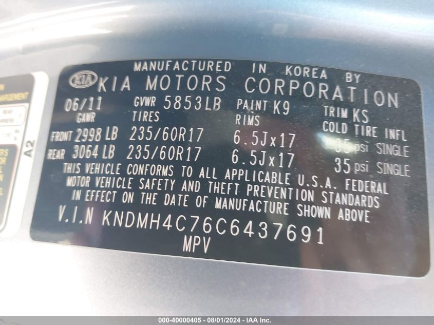 2012 Kia Sedona Ex VIN: KNDMH4C76C6437691 Lot: 40000405