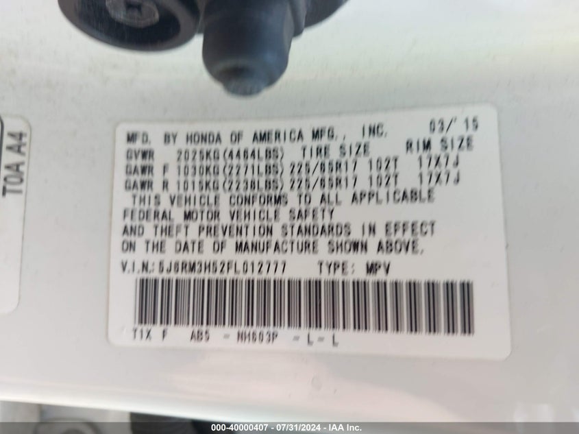 2015 Honda Cr-V Ex VIN: 5J6RM3H52FL012777 Lot: 40000407