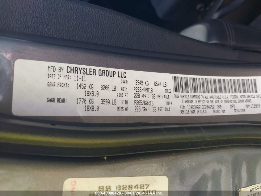 2012 Dodge Durango Sxt VIN: 1C4RDHAG1CC204752 Lot: 40000428