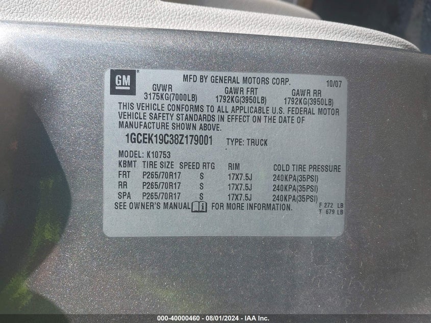 2008 Chevrolet Silverado 1500 Work Truck VIN: 1GCEK19C38Z179001 Lot: 40000460