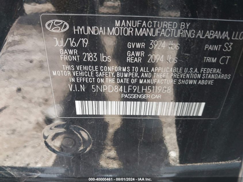 2020 Hyundai Elantra Sel VIN: 5NPD84LF9LH511988 Lot: 40000461