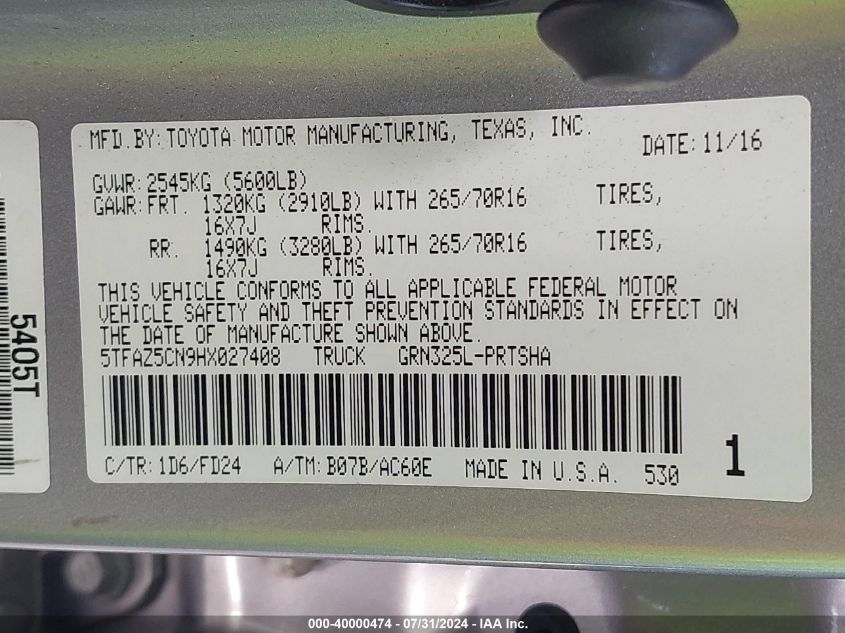 2017 Toyota Tacoma Dbl Cab/Sr5/Trd Sport/Or VIN: 5TFAZ5CN9HX027408 Lot: 40000474