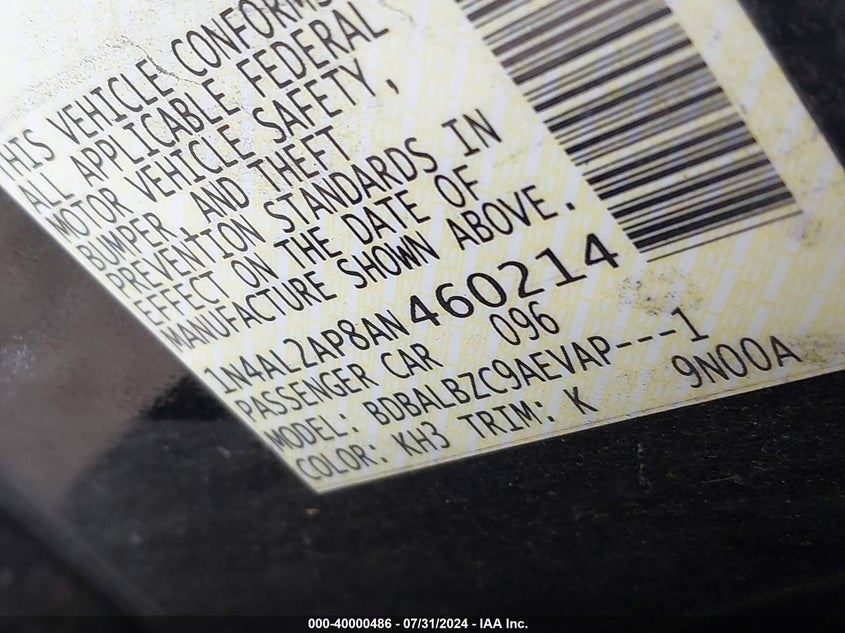 2010 Nissan Altima S VIN: 1N4AL2AP8AN460214 Lot: 40000486