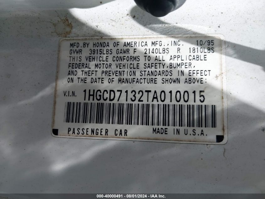 1996 Honda Accord Lx VIN: 1HGCD7132TA010015 Lot: 40000491