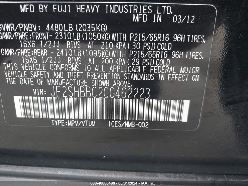 2012 Subaru Forester 2.5X VIN: JF2SHBBC2CG462223 Lot: 40000498